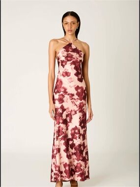Nia Halter Maxi Dress in Pink with Burgundy Floral Print